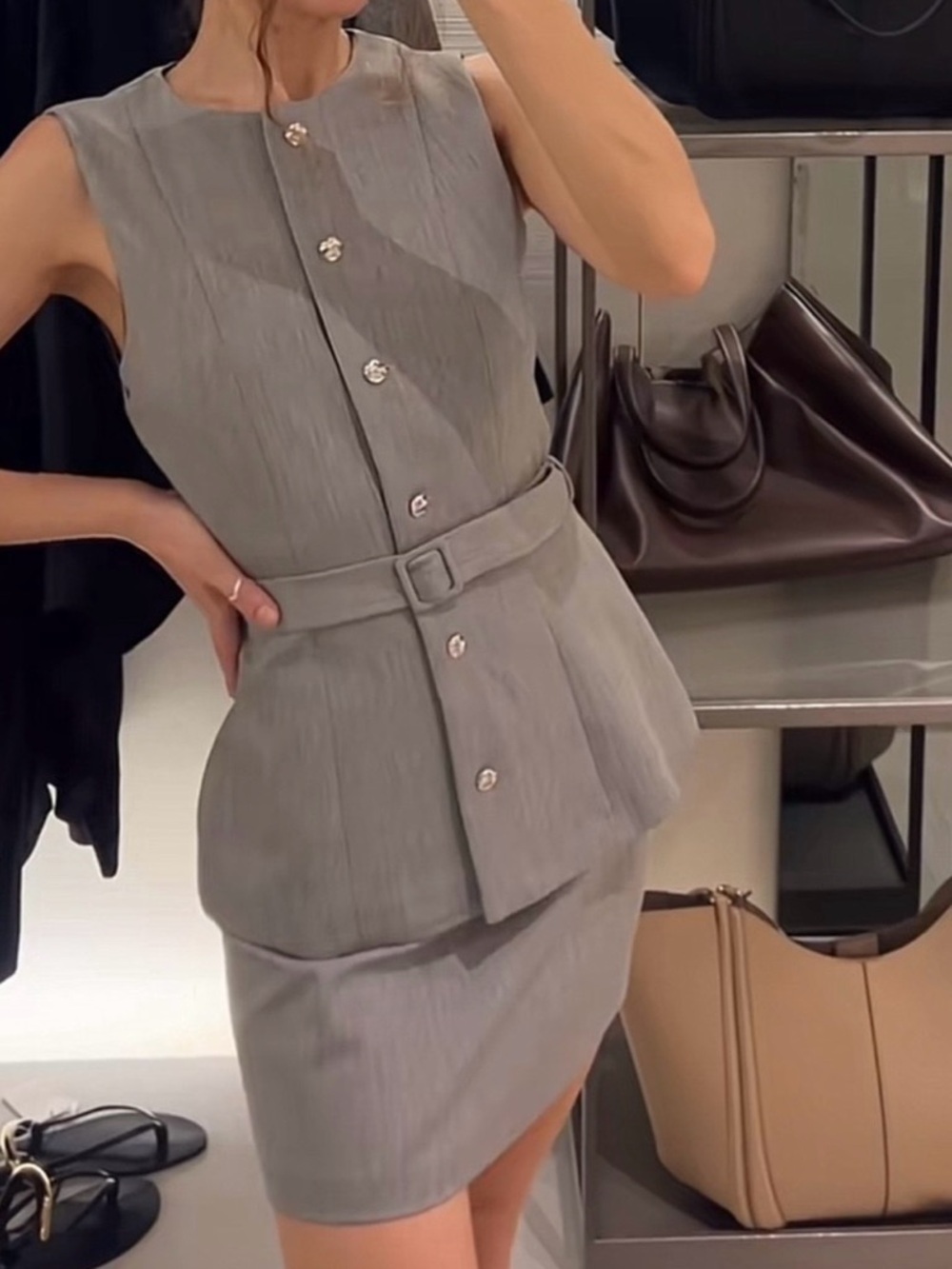 Zara Gray Sleeveless Belted Peplum Dress